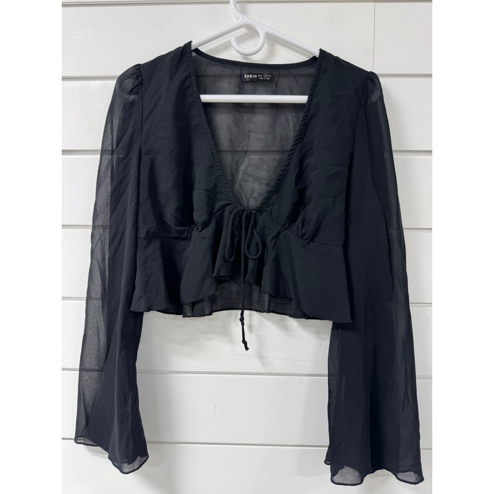 SHEIN Women Black Sheer Chiffon Tie Front Crop Top Ruffle Bell Sleeve Medium